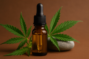 CBD Öl: Fiktives Bild mit CBD Öl und Marihuanablättern