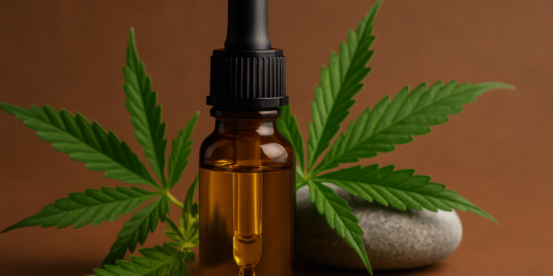CBD Öl: Fiktives Bild mit CBD Öl und Marihuanablättern