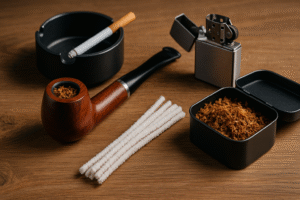 Raucherbedarf: Ein Bild mit allem möglichen Zubehör und Raucherbedarf